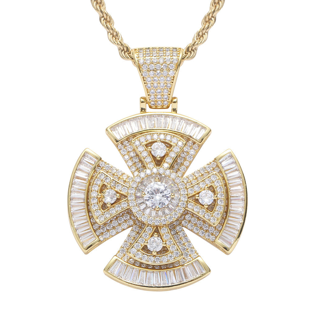 Hip Hop Light Luxury Cross Floral Geometric Copper Pendant Necklace for Men and Women