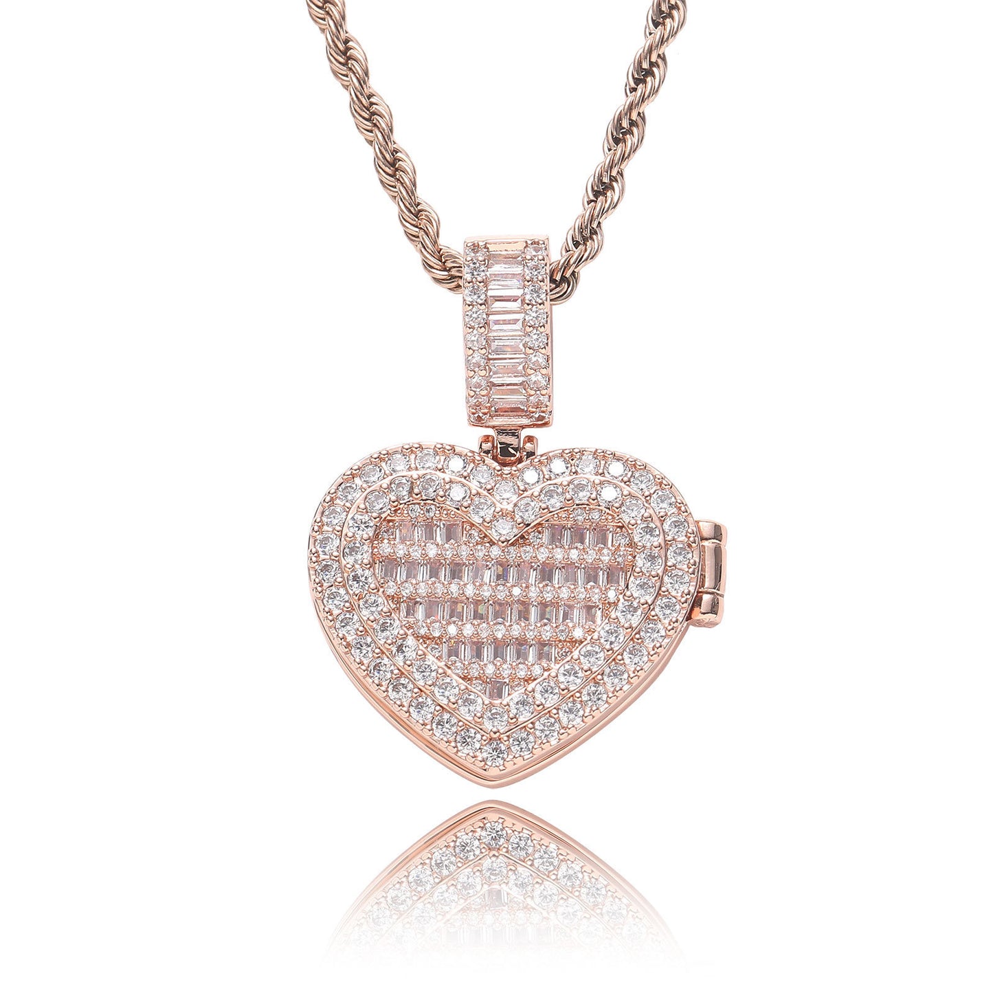 Square Round Photo Frame Cubic Zirconia Pendant Necklace for Men and Women