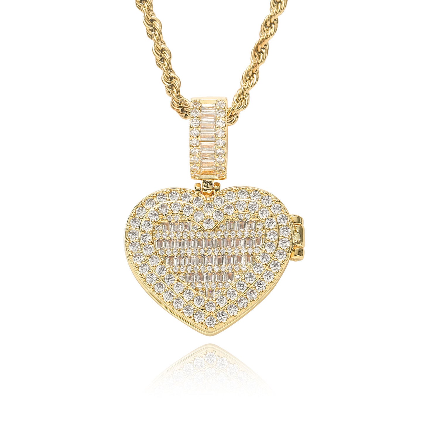 Square Round Photo Frame Cubic Zirconia Pendant Necklace for Men and Women