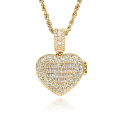 Square Round Photo Frame Cubic Zirconia Pendant Necklace for Men and Women