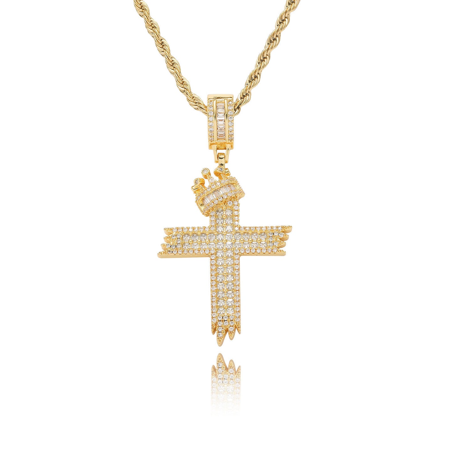 Hip Hop Vintage Cross Crown Copper Pendant Necklace for Men and Women