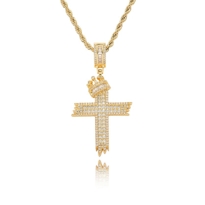 Hip Hop Vintage Cross Crown Copper Pendant Necklace for Men and Women