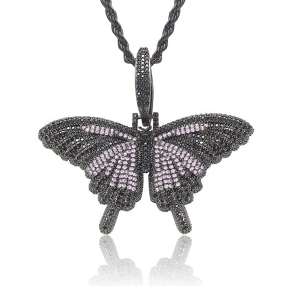 Hip Hop Light Luxury Butterfly Cubic Zirconia Pendant Necklace for Men and Women