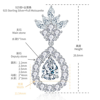 Moissanite Drop Earrings for Women, Pear Floral Stud Dangle Earrings, S925 Silver 18K Gold Plated