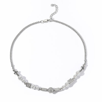 Hip Hop Vintage Cross Skull Pearl Bracelet for Men