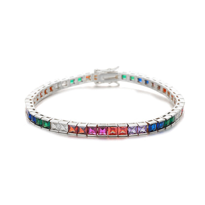 Multicolor Square Zirconia Tennis Chain Bracelet, Unisex Hip Hop Style