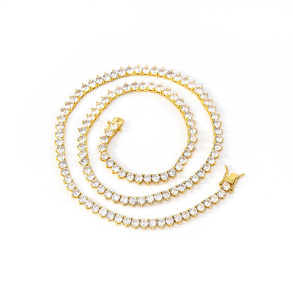 Unisex 3-Prong Tennis Chain Necklace & Bracelet, Iced Zirconia Geometric Chain Jewelry, 3mm/4mm