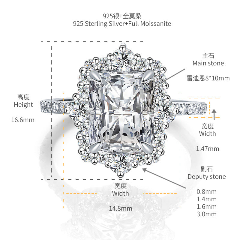 Radiant Cut Moissanite Halo Ring, 8x10 925 Sterling Silver Engagement Ring product image