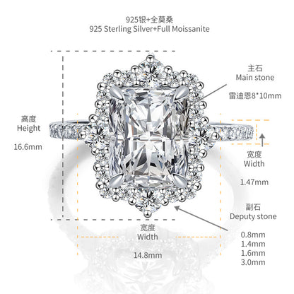 Radiant Cut Moissanite Halo Ring, 8x10 925 Sterling Silver Engagement Ring