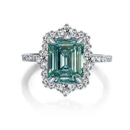 Green Moissanite Halo Ring, 8x10mm 4 Carat Emerald Cut, S925 Gold-Plated Ring for Women
