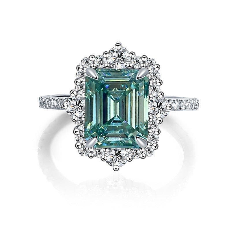 Green Moissanite Halo Ring, 8x10mm 4 Carat Emerald Cut, S925 Gold-Plated Ring for Women product image