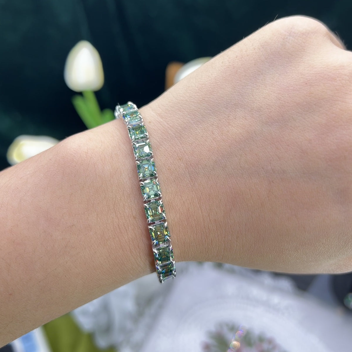 Unisex 5.5mm Blue-Green Square Moissanite Tennis Bracelet, Iced Out Hip Hop Jewelry product image