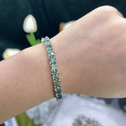 Unisex 5.5mm Blue-Green Square Moissanite Tennis Bracelet, Iced Out Hip Hop Jewelry
