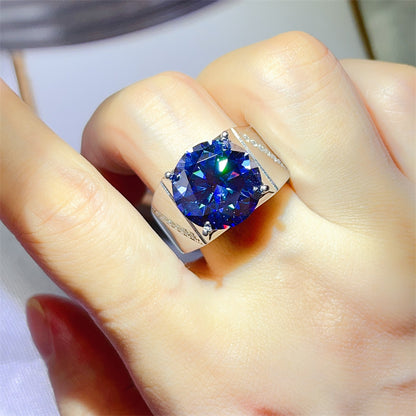 Men’s Blue Moissanite Ring Oversized Round Statement Ring with Side Accents