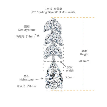 Moissanite Leaf Drop Stud Earrings, 925 Sterling Silver Teardrop Ear Jackets for Women, Sparkly Dangle Earrings for Everyday Wear and Gifts