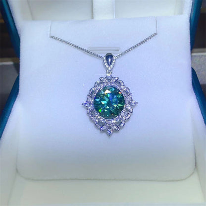 5-Carat Green Moissanite Pendant Necklace with Floral Halo Chain