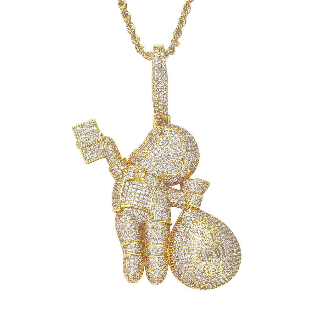 Hip Hop Dollar Money Bag Cubic Zirconia Pendant Necklace for Men and Women