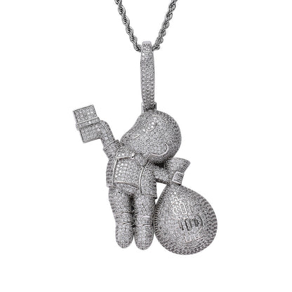 Hip Hop Dollar Money Bag Cubic Zirconia Pendant Necklace for Men and Women