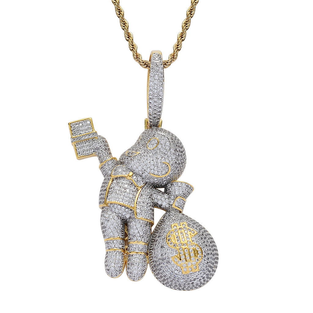 Hip Hop Dollar Money Bag Cubic Zirconia Pendant Necklace for Men and Women