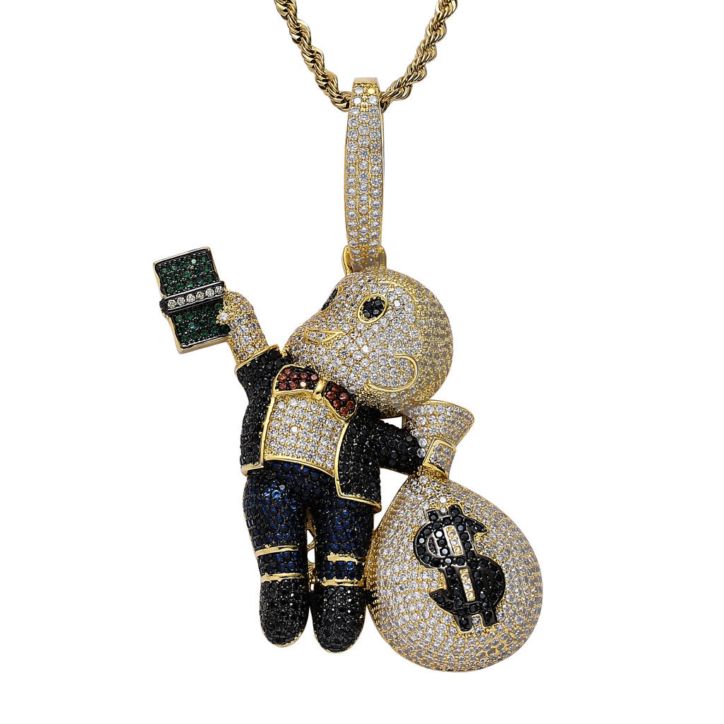 Hip Hop Dollar Money Bag Cubic Zirconia Pendant Necklace for Men and Women