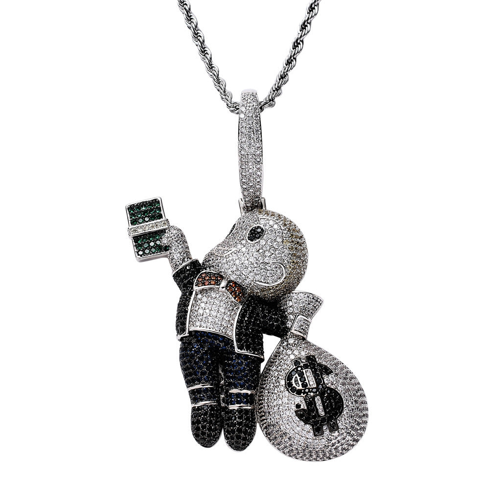 Hip Hop Dollar Money Bag Cubic Zirconia Pendant Necklace for Men and Women
