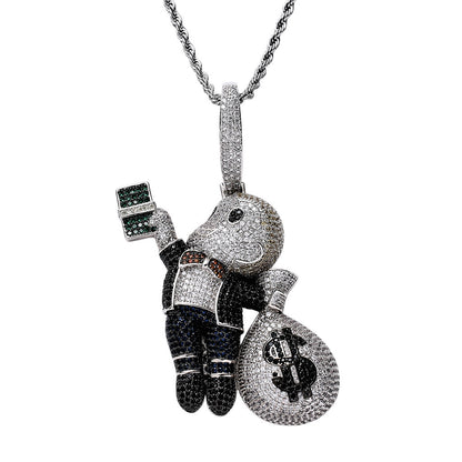 Hip Hop Dollar Money Bag Cubic Zirconia Pendant Necklace for Men and Women