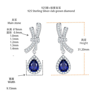 Royal Blue Teardrop Drop Earrings in 925 Silver, Bow Design for Women