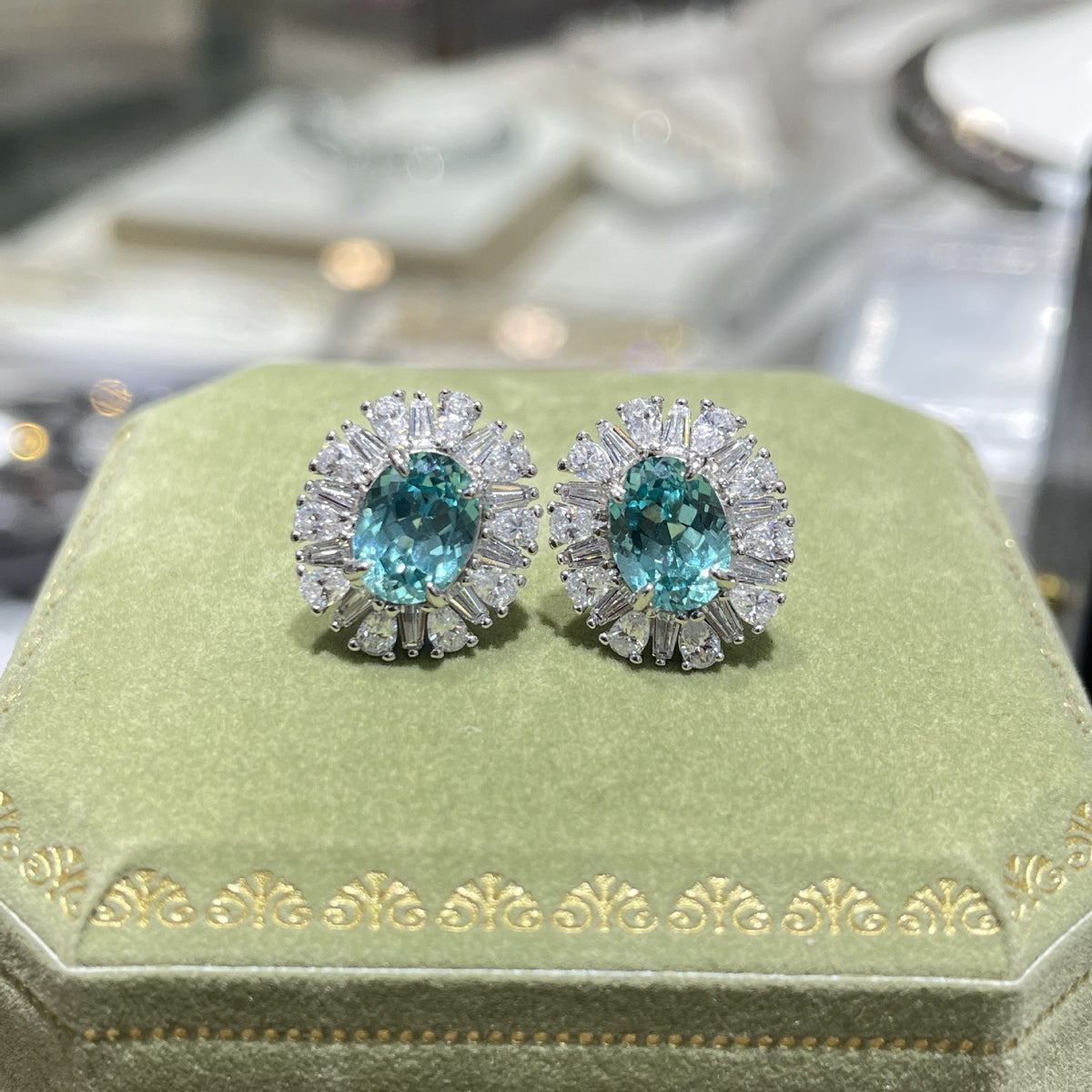 1.5 Carat Lab Grown Paraiba Stud Earrings, Oval Teal Blue Green Halo Earrings product image