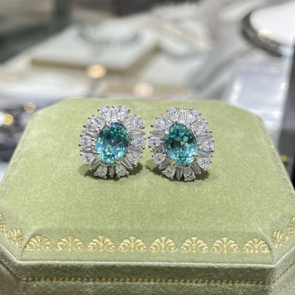 1.5 Carat Lab Grown Paraiba Stud Earrings, Oval Teal Blue Green Halo Earrings