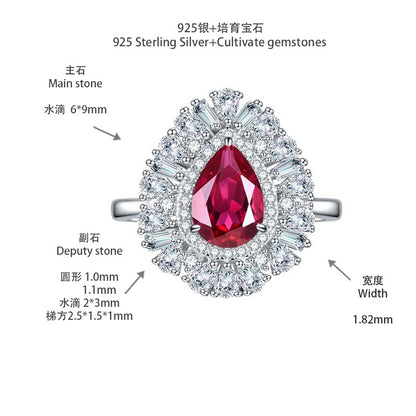 Lab-Created Ruby Halo Ring, Pear-Shaped 18K Gold Plated S925 Silver