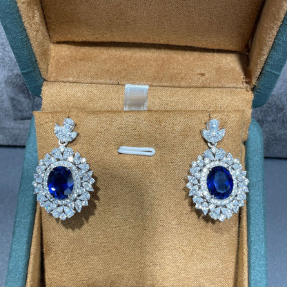 S925 Sterling Silver Lab-Created Blue Sapphire Necklace and Earrings Set, Floral Halo Jewelry for Women