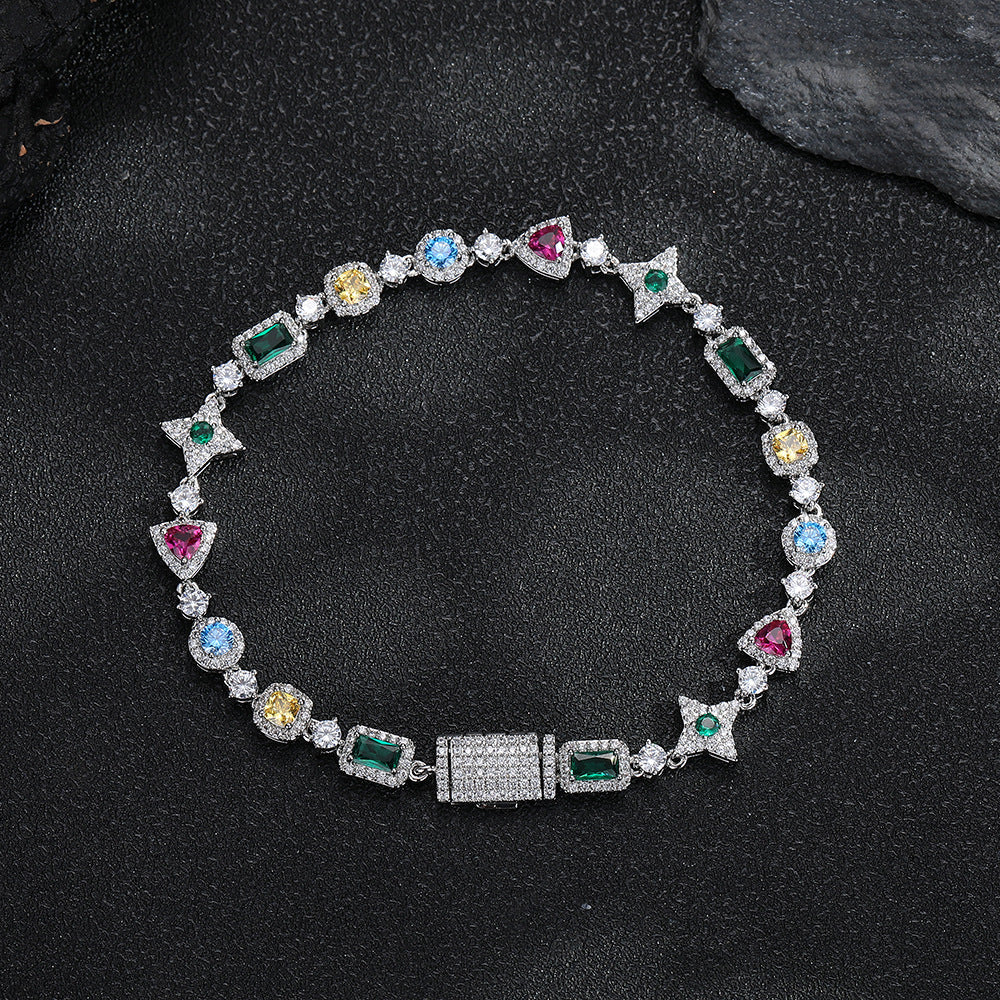 Colorful Cubic Zirconia Geometric Link Chain Necklace, Unisex Hip Hop Style, Copper product image