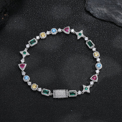 Colorful Cubic Zirconia Geometric Link Chain Necklace, Unisex Hip Hop Style, Copper