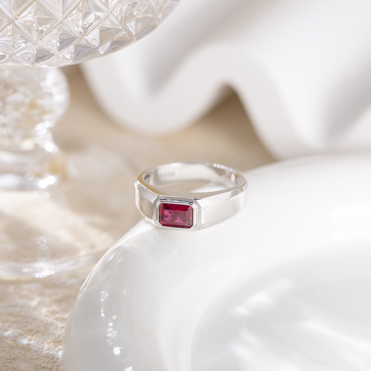 Men’s Rectangular Color Stone Ring, Silver-Tone Signet Style Ring, Green Blue Red Variant product image