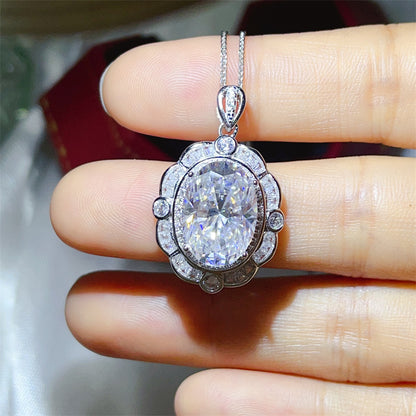 Oval Moissanite Pendant Necklace, 8 Carat Inspired Halo Statement Necklace for Women