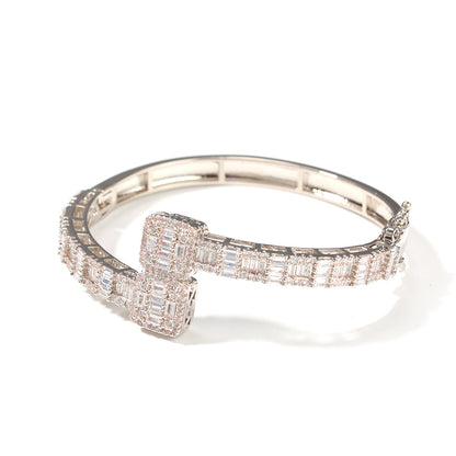 Silver tone 8 inch ring-top cubic zirconia cuff bracelet