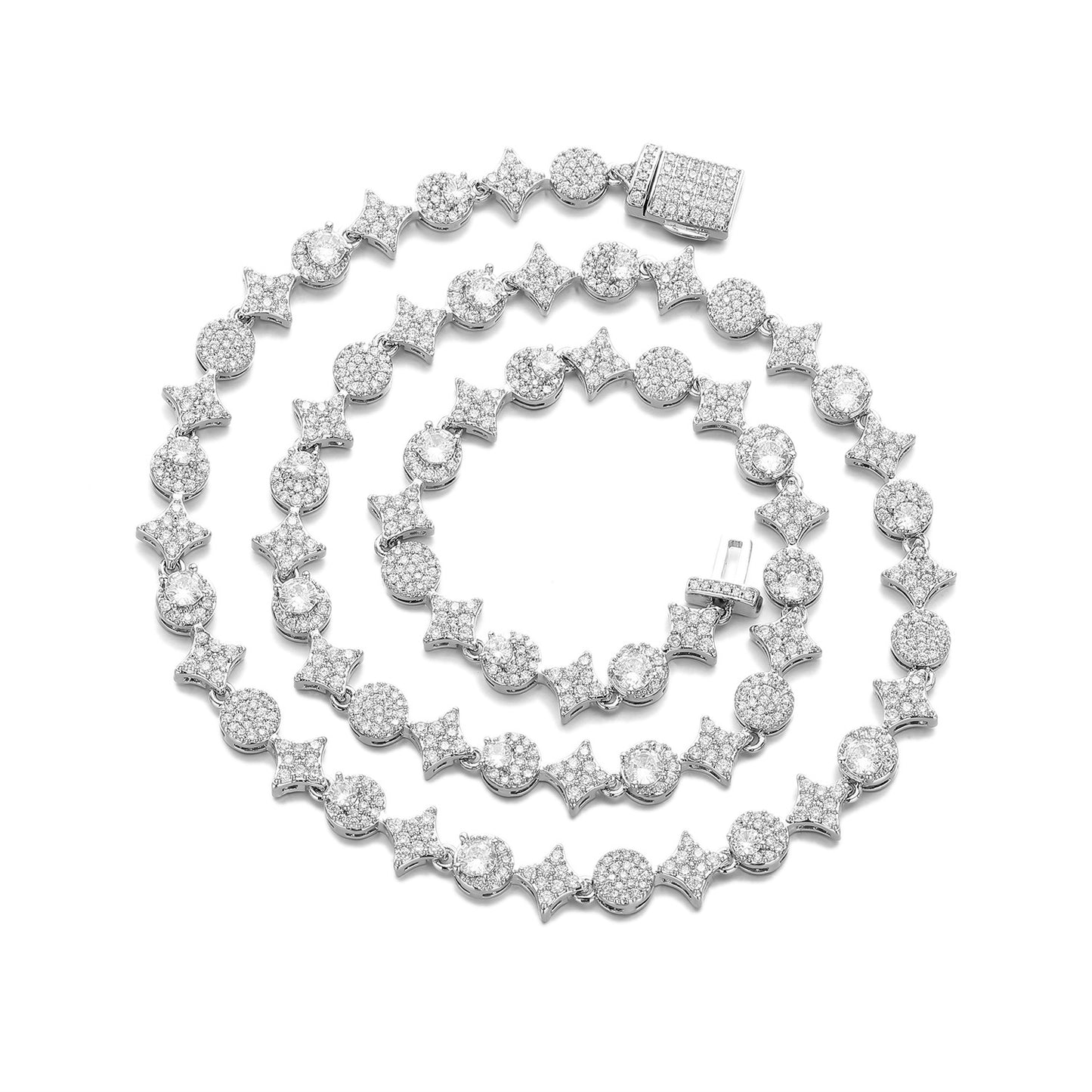 Iced Out Four-Point Star Tennis Chain Necklace and Bracelet, 9MM CZ Geometric Jewelry