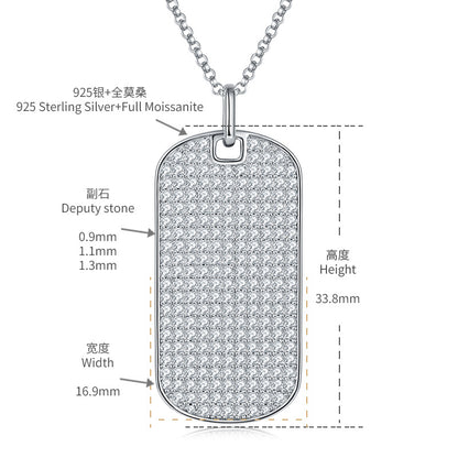 VVS Moissanite Rectangle Pendant Necklace, Paved Dog Tag Chain