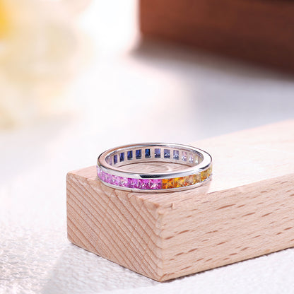 Rainbow Gradient Princess Cut Lab-Created Sapphire Eternity Ring, 2mm, S925 Sterling Silver, 18K Gold Plated