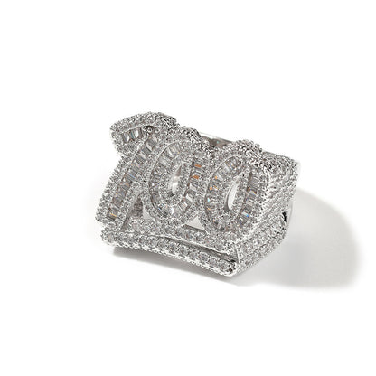 Silver tone number 100 CZ statement ring angled view