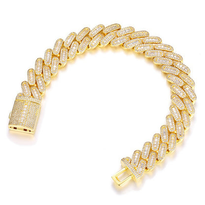 Unisex Iced Out Cuban Link Chain Necklace Bracelet Set - Triple Row Diamond Look Streetwear Jewelry