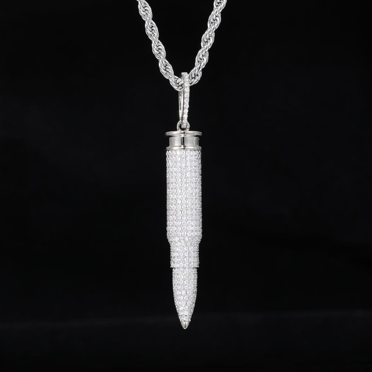 Pavé Bullet Pendant Necklace, Zircon Rope Chain Hip Hop Pendant, White/Yellow Tone product image