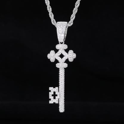 Iced Out Key Pendant Necklace for Women and Men - Geometric Cubic Zirconia Copper Chain Necklace