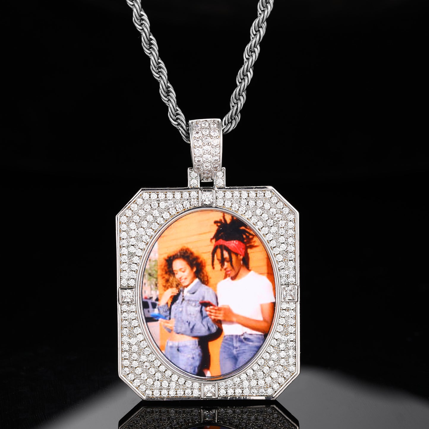 Iced Out Photo Pendant Necklace for Men and Women, Geometric Cuban Link Chain, Cubic Zirconia Hip Hop Jewelry product image