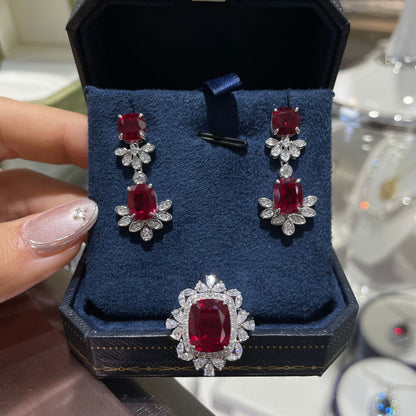 Cultivated Red Ruby Jewelry Set, S925 Silver Earrings and Pendant, Cushion-Cut Floral Design