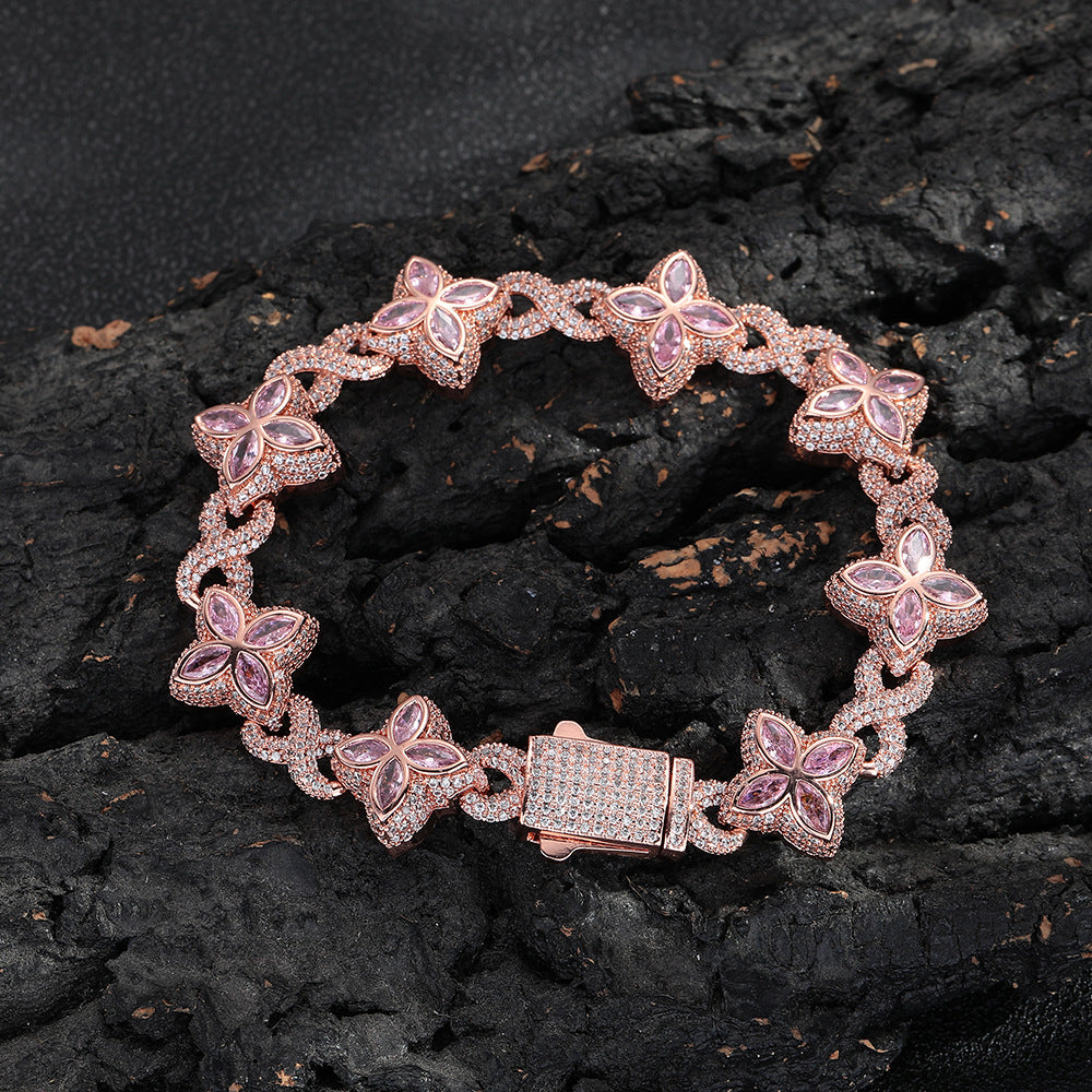 Clover Cuban Link Cubic Zirconia Bracelet & Necklace, Unisex Hip Hop Jewelry