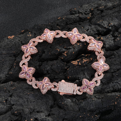 Clover Cuban Link Cubic Zirconia Bracelet & Necklace, Unisex Hip Hop Jewelry