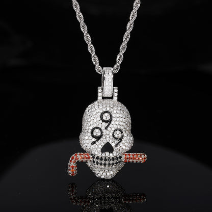 Iced Out Skull Pendant Necklace with Rope Chain, Cubic Zirconia Hip Hop Statement Chain for Men & Women