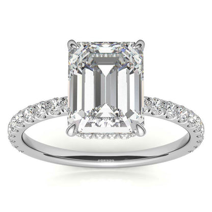4 Carat Emerald Cut Moissanite Ring in 925 Silver, Pavé Band Promise Ring