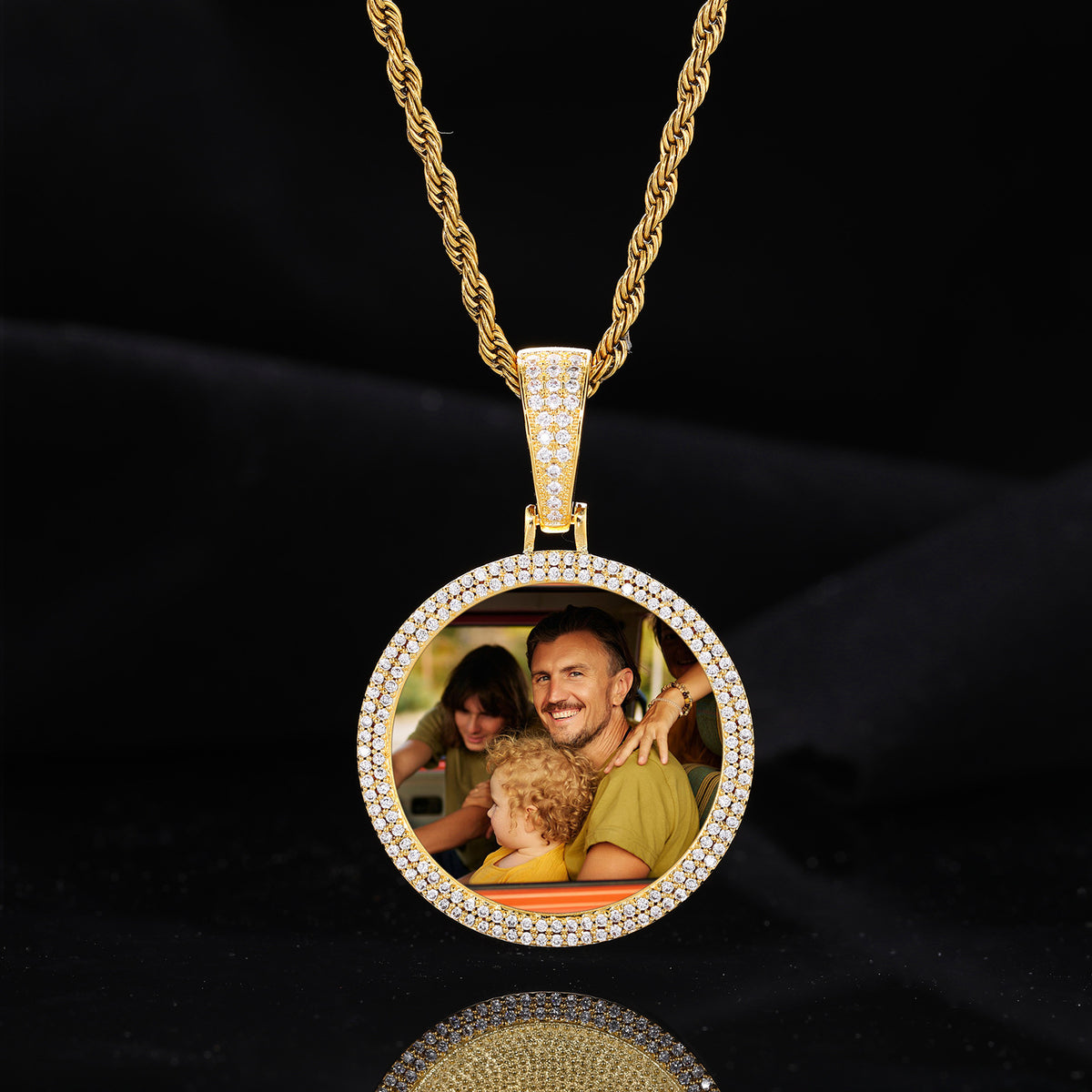 Iced Out Round Photo Pendant Necklace for Men and Women, Geometric Cuban Link Style Chain in Gold, Silver or Rose Gold Tone product image